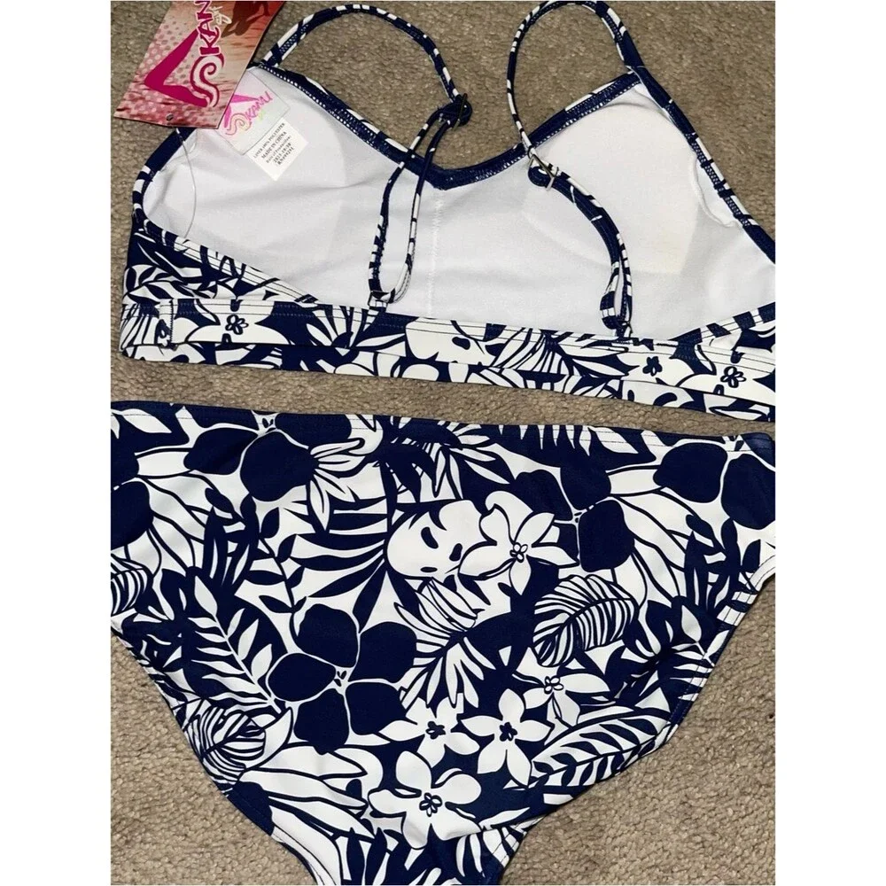 NWT Girl’s Navy Floral and Leaf Design Bikini Set - Size 14